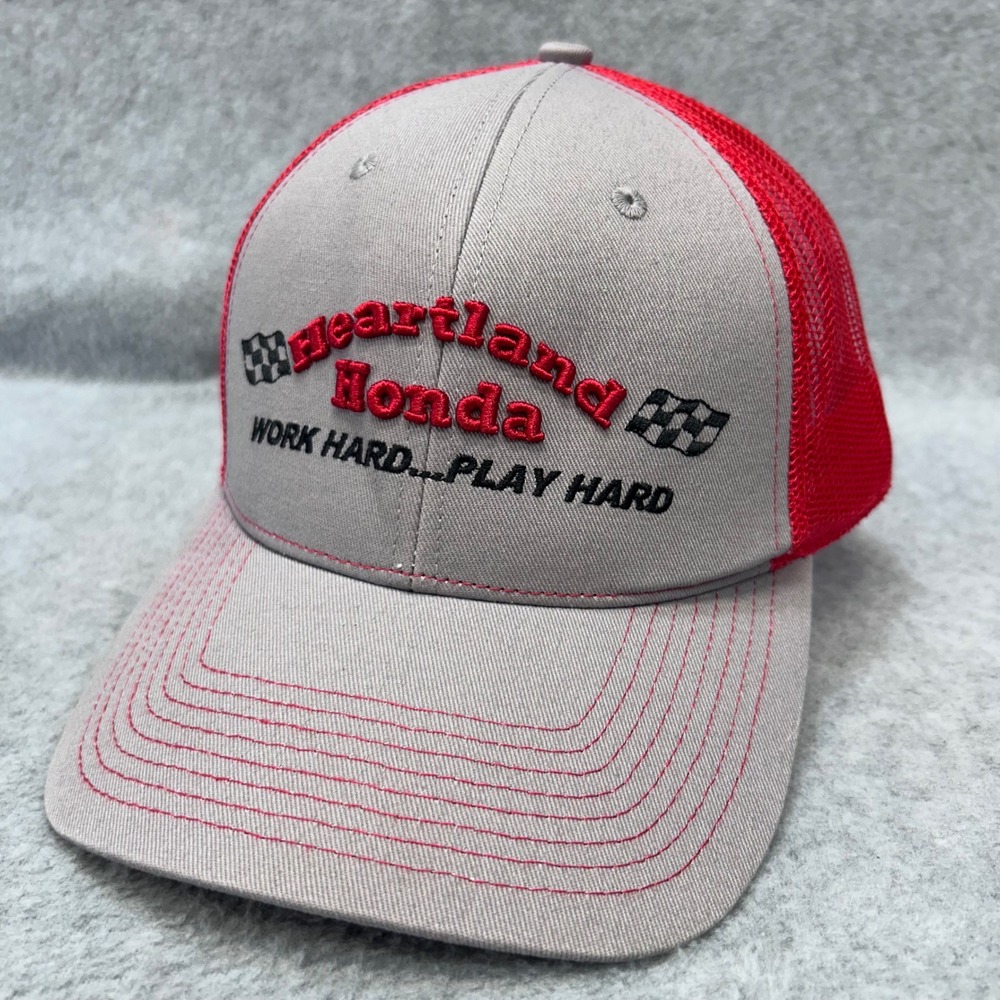 Heartland Honda Mens Gray Red Honda Trucker Hat Work Hard Play Hard OSFM